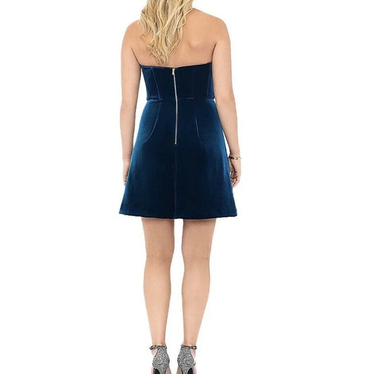 AQUA Formal Strapless Velvet Mini Dress 12 Tea Blue Boned Corset Stretch NEW