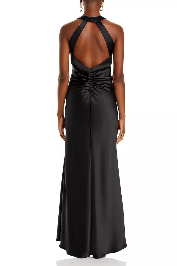 Aqua Women Black Long Satin Flower Trim Maxi Dress Size 0, MSRP: 318$