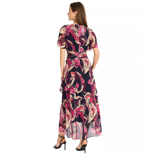 Maggy London Women's Printed V-Neck MIDI Fit & Flare Dress - Black/Appricot, 10