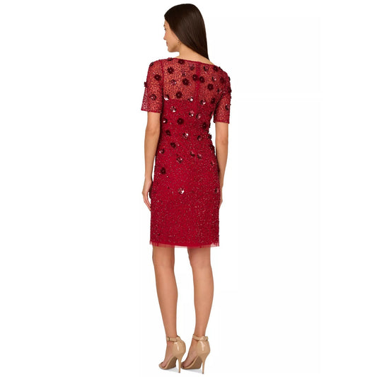 Adrianna Papell Women's Red Floral-Embellished Boat-Neck Dress Sz 12, MSRP: 249$