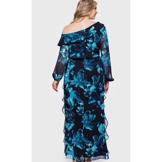 XSCAPE Blue Evening Gown Floral Chiffon Ruffled One Shoulder Maxi Dress Size 16W