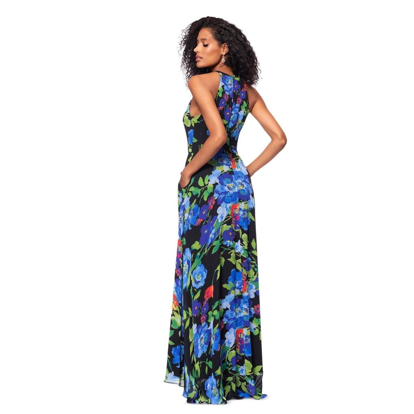 Betsy & Adam Printed Chiffon Halter-Neck Gown Black Multi, 6. $179