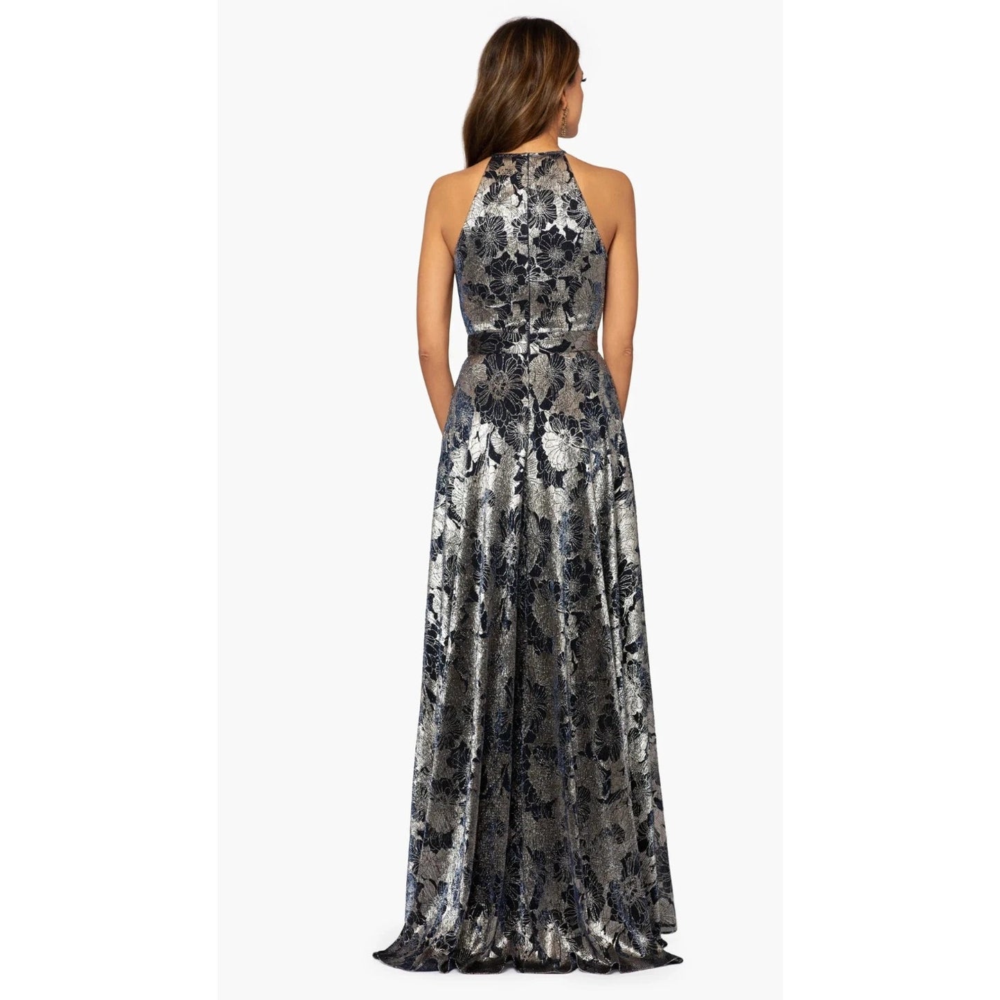 Betsy & Adam Women's Long Halter Wrap Foil Print Dress, Size 4, MSRO: 279$
