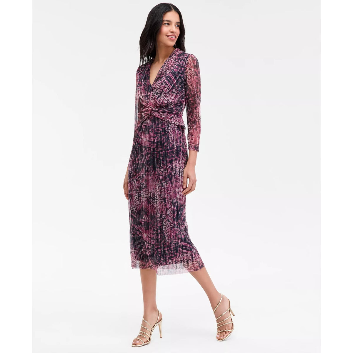 Anne Klein Purple Metallic V Neck Twist Front Midi Dress 14 NWT, MSRP: 149$
