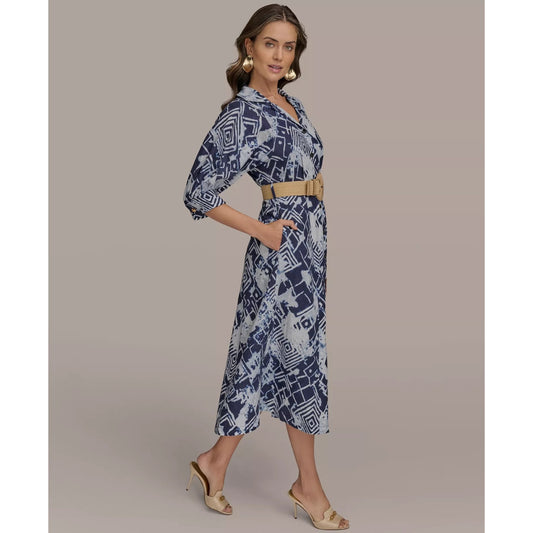 Donna Karan Belted Long Sleeve Linen Blend Maxi Shirtdress In Ink ,Size 10, 199$