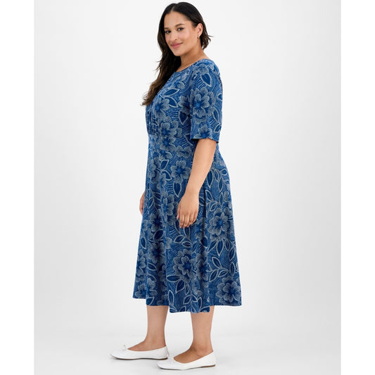London Times Short-Sleeve Printed Fit & Flare MIDI Dress - Navy Blue-18W