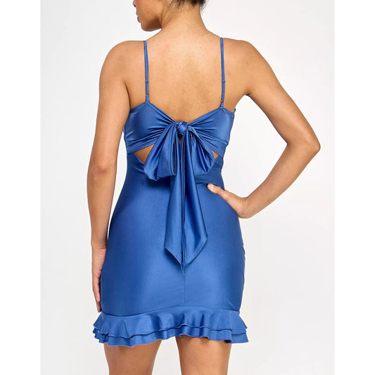 City Studios Juniors' Ruched Ruffled Bodycon Dress, Dark Blue, size XS. MSRP:79$