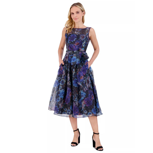Eliza J Women's Belted Floral-Cocktail Dress - Black/blue, Size 14, MSRP:l 228$