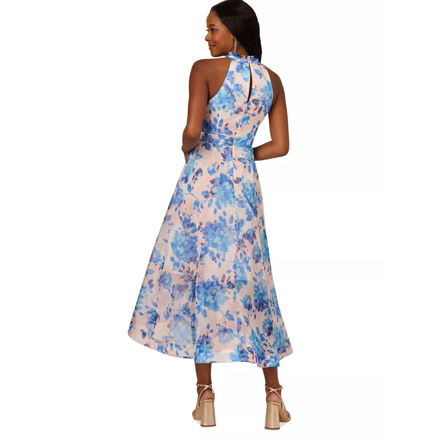 Adrianna Papell Blush Pink Blue Floral Print Organza Midi Dress Sz 4, MSRP: $249