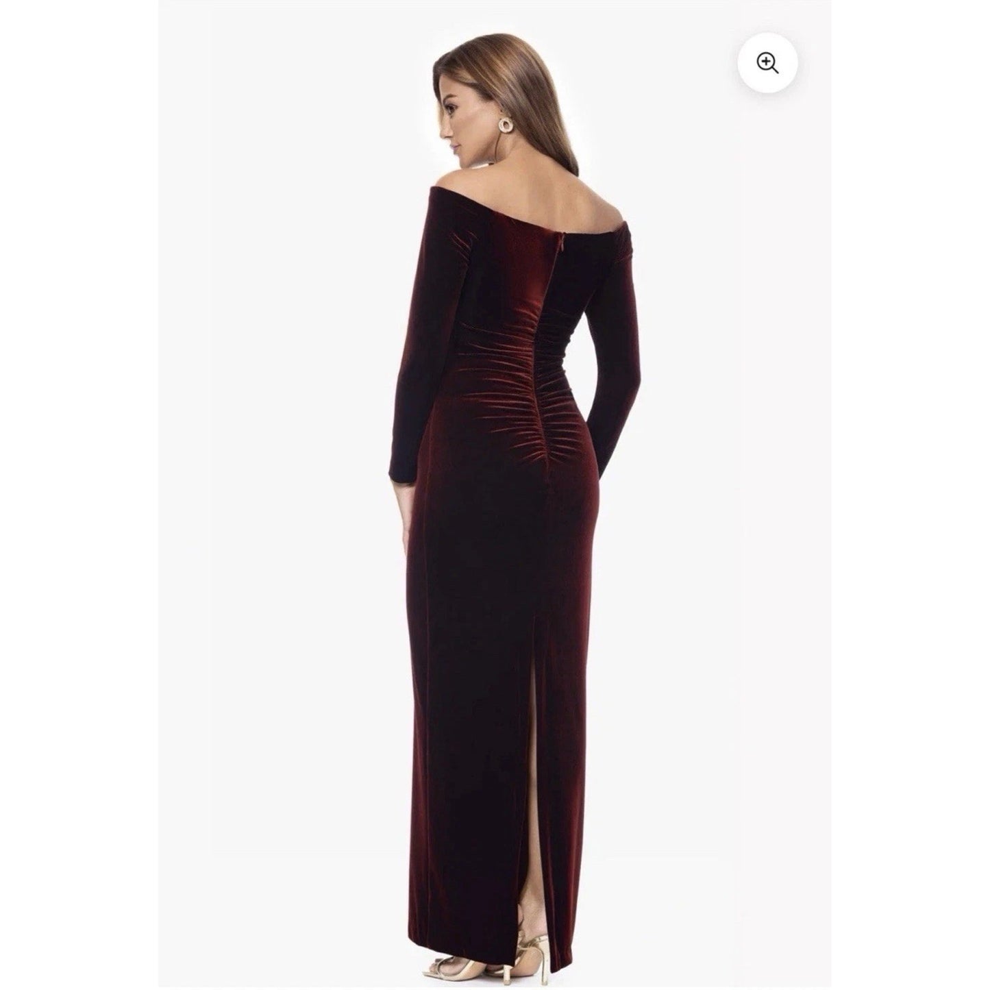 XSCAPE Petite "Christy" Long Off the Shoulder Velvet Dress, Size 8P, MSRP: 179$