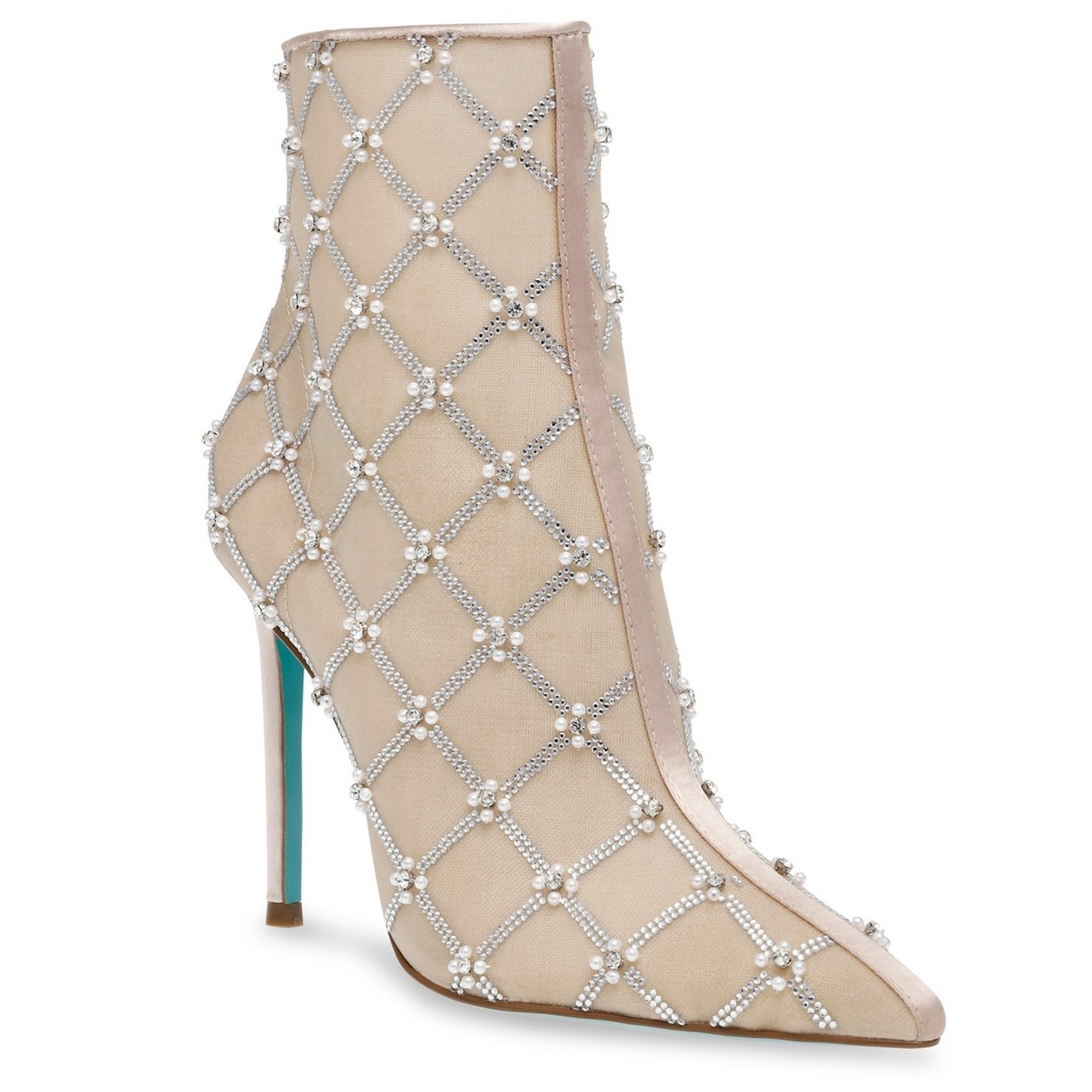 Betsey Johnson Lark Nude Mesh Rhinestone Pearl Ankle Bootie Heel Size 5.5 W/ Box