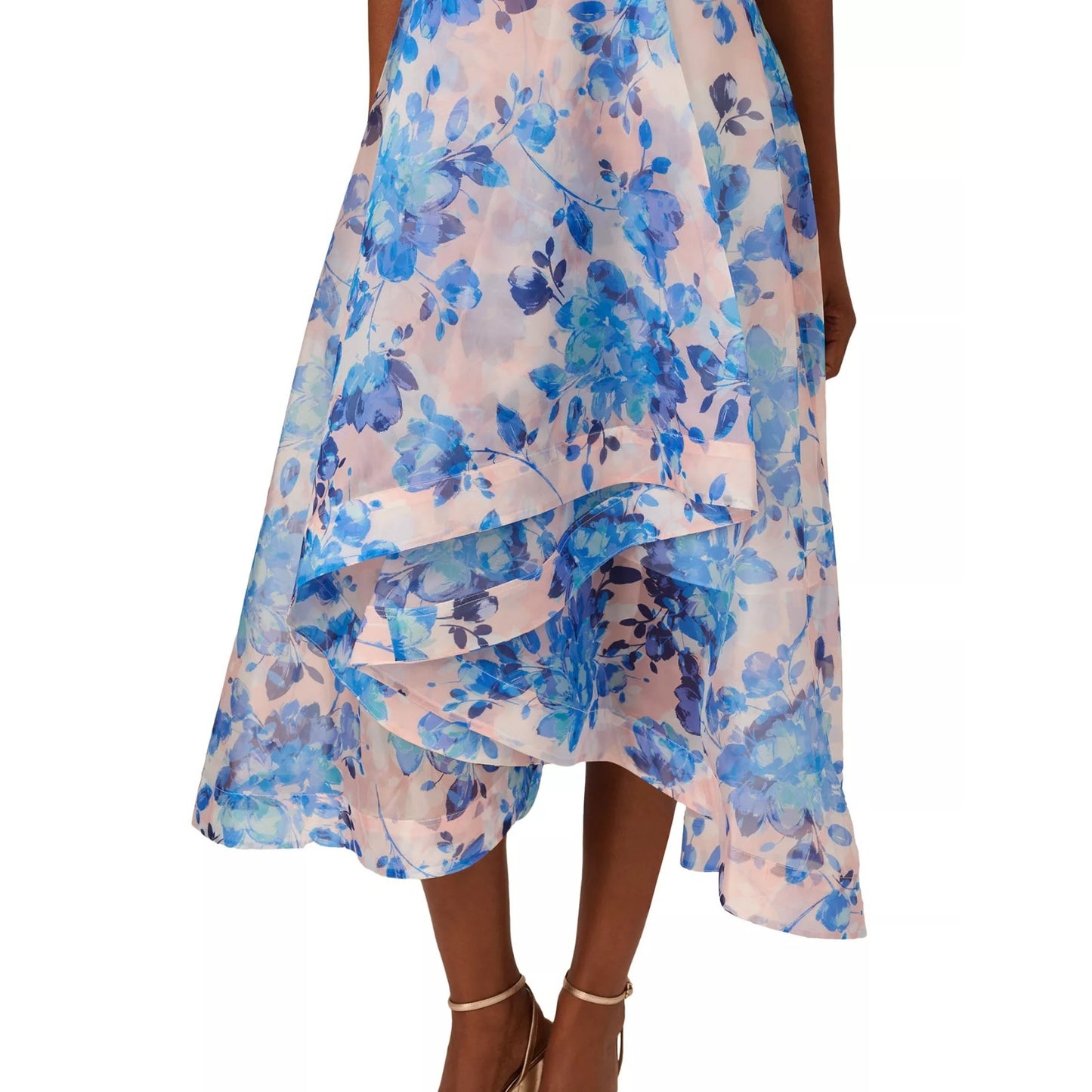 Adrianna Papell Blush Pink Blue Floral Print Organza Midi Dress Sz 4, MSRP: $249