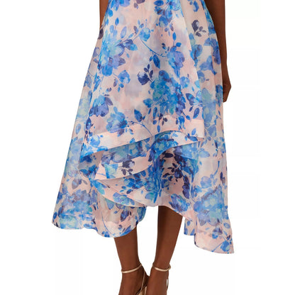 Adrianna Papell Blush Pink Blue Floral Print Organza Midi Dress Sz 4, MSRP: $249