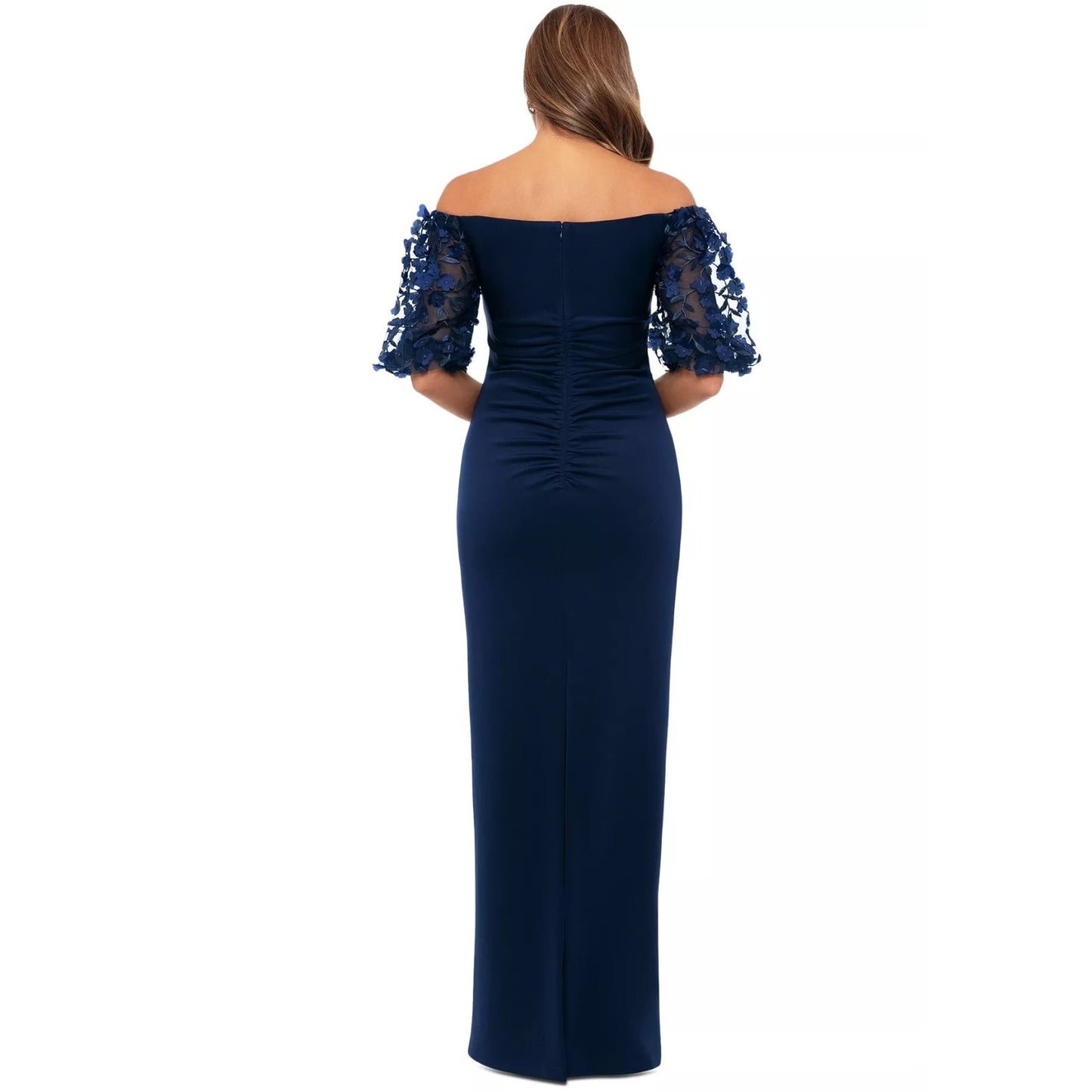 Xscape Women's Off-the-Shoulder Pleated-Waist Gown - Navy- Size 4. MSRP: 169$