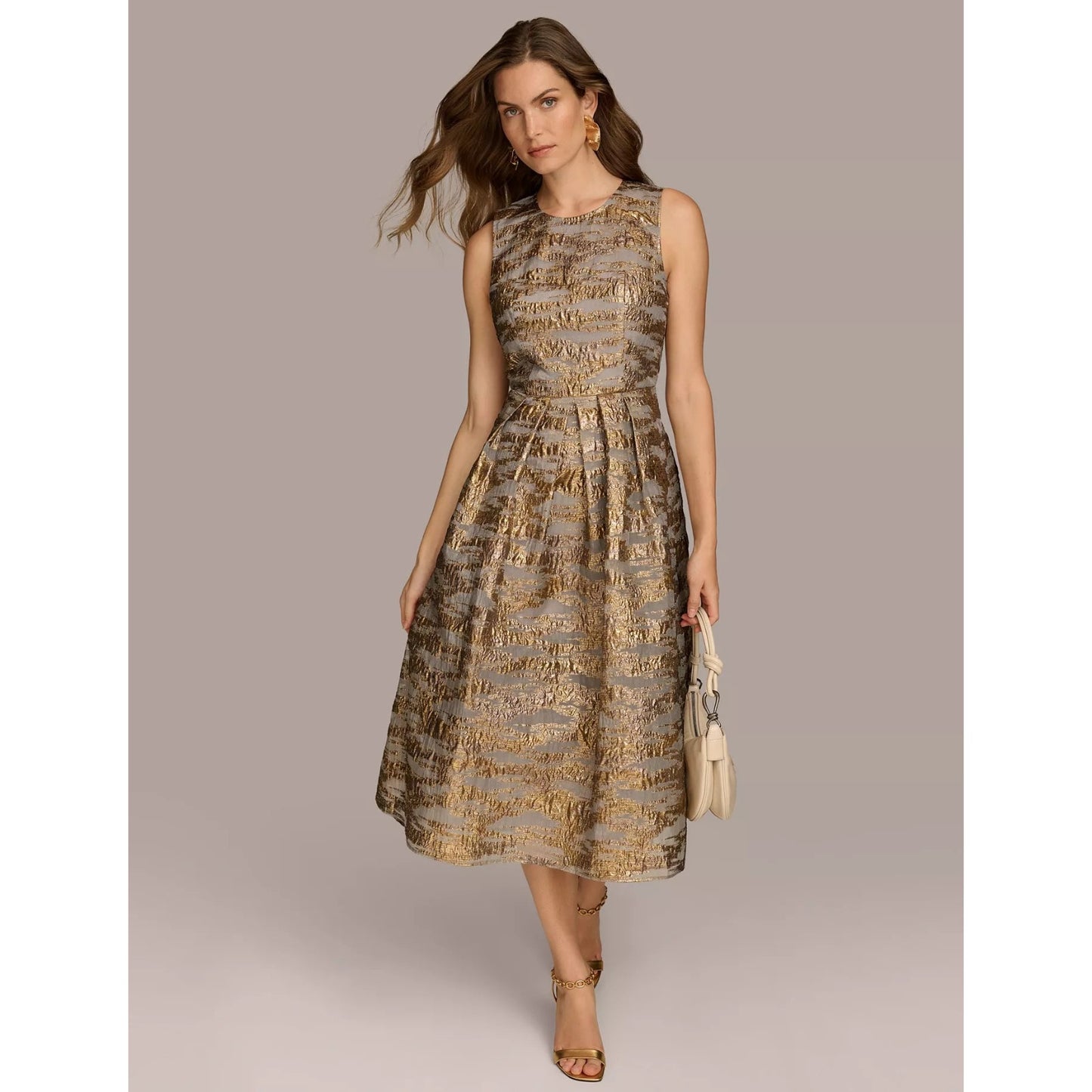 Donna Karan New York Gold Foil Gray Jacquard A-Line Knee Length 10 MSRP $269