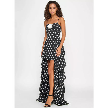 City Studios Juniors' Dot Print Ruffled High-Low Chiffon Gown Size 3/4