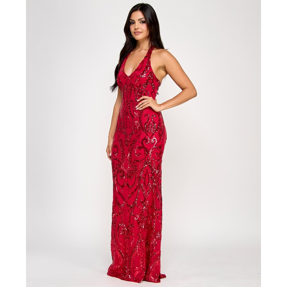 B Darlin Red Sequin Halter Prom Dress Size 9/10 Mermaid Formal Evening Gown $159