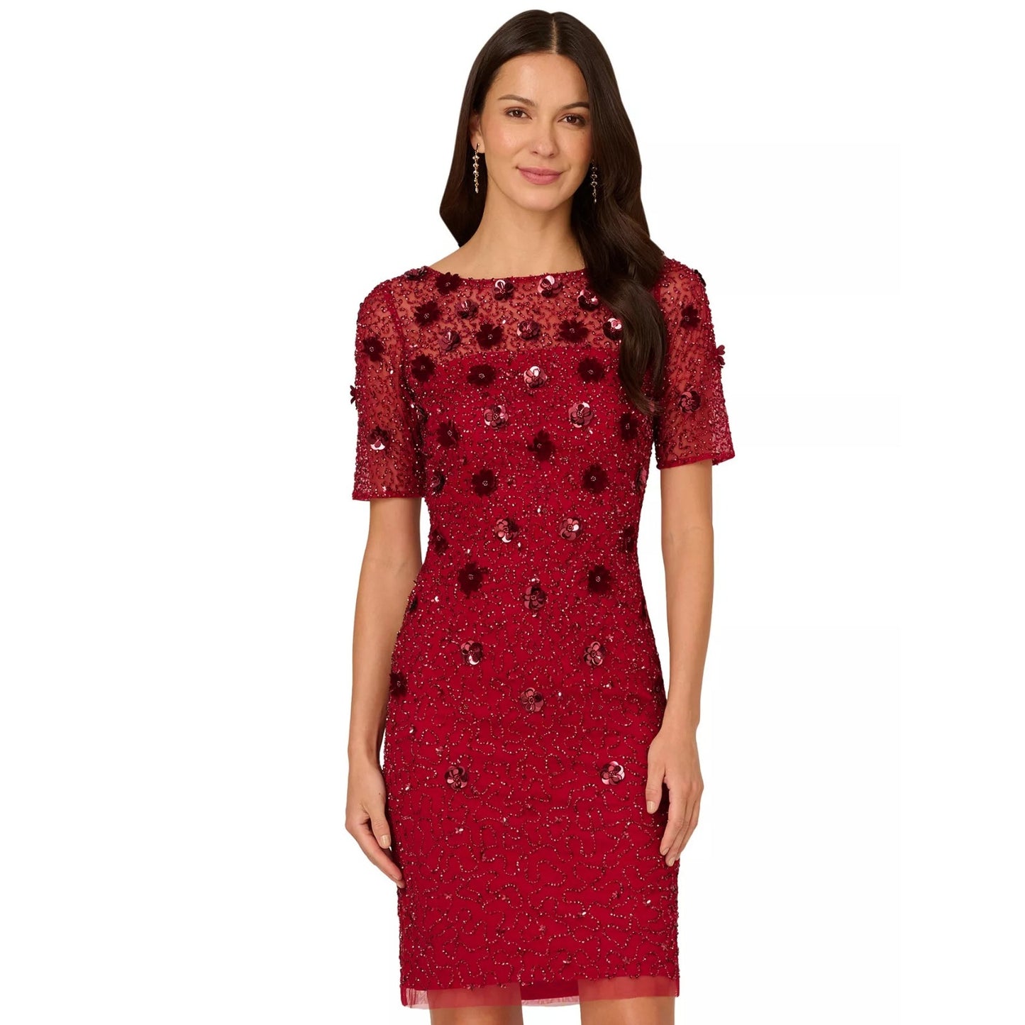 Adrianna Papell Women's Red Floral-Embellished Boat-Neck Dress Sz 12, MSRP: 249$