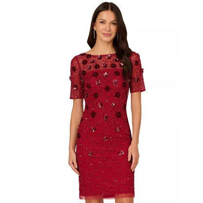 Adrianna Papell Women's Red Floral-Embellished Boat-Neck Dress Sz 12, MSRP: 249$