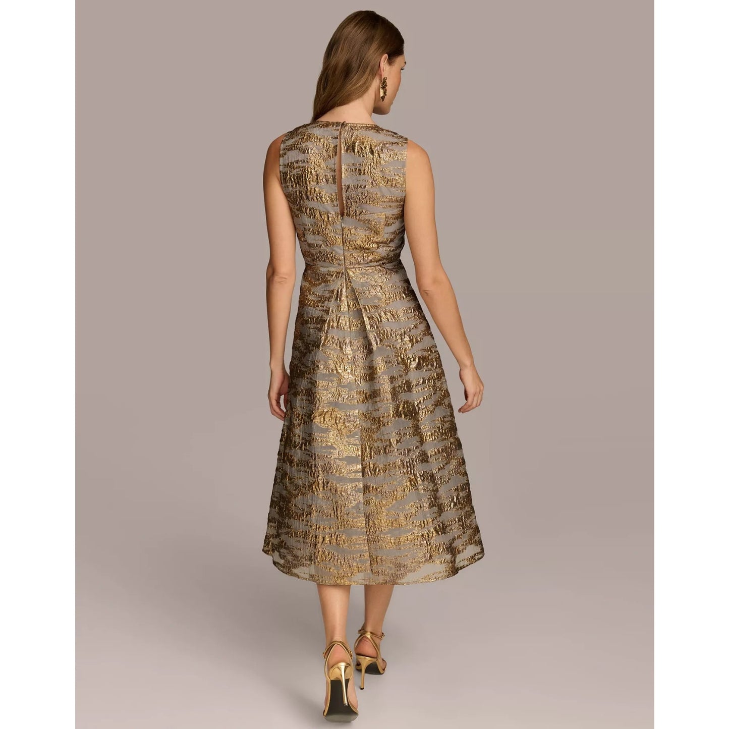 Donna Karan New York Gold Foil Gray Jacquard A-Line Knee Length 10 MSRP $269