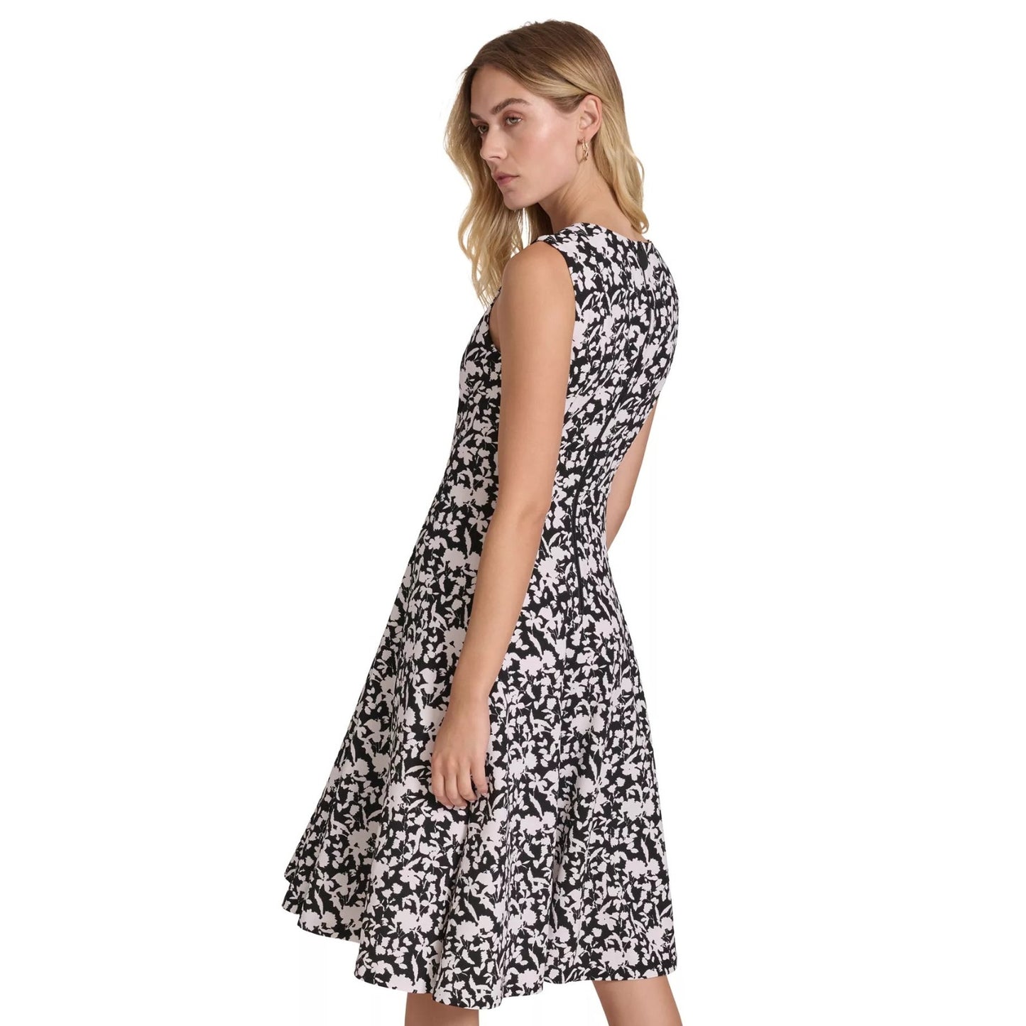 Calvin Klein Black Cream Printed Scuba Crepe A Line Dress
