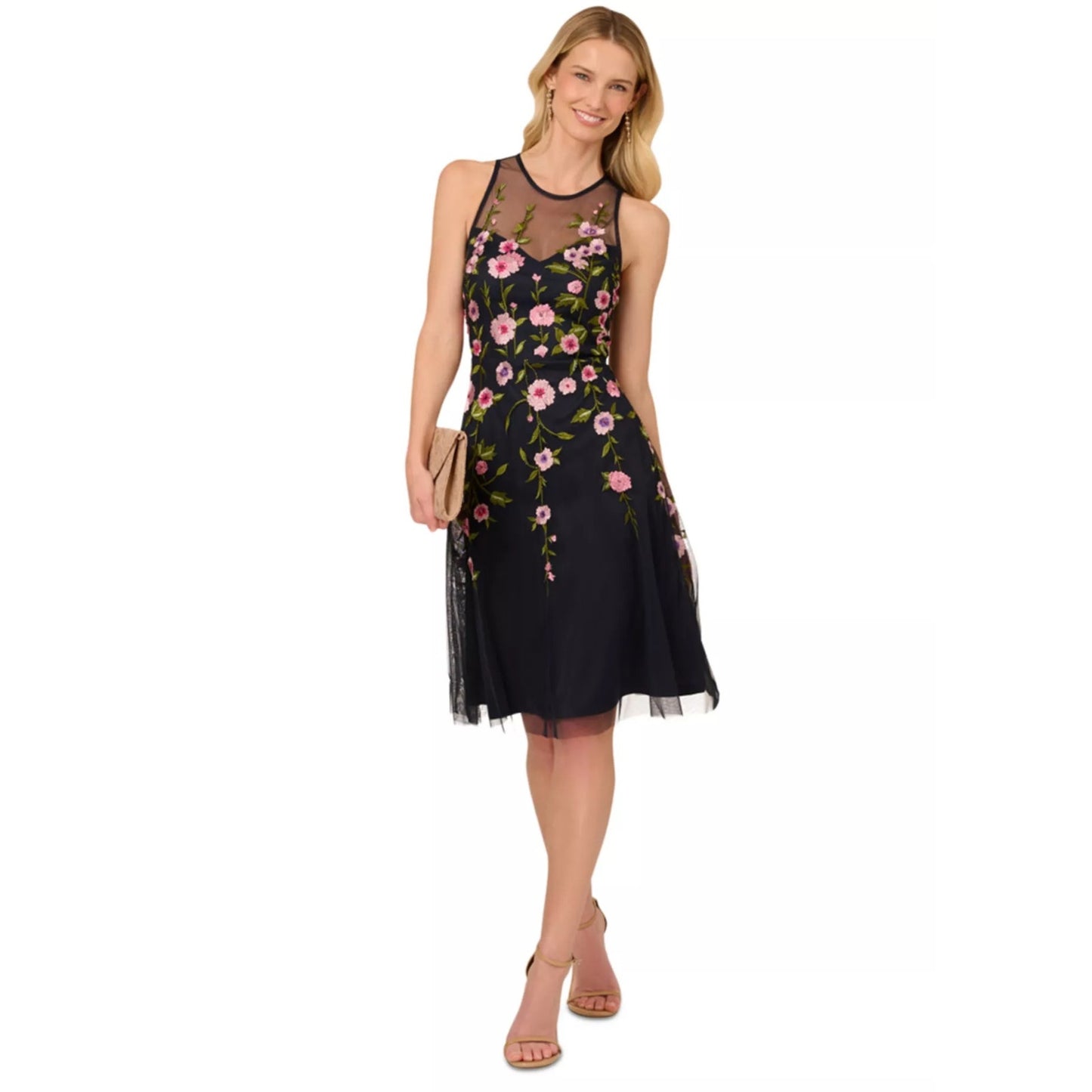 Adrianna Papell Women's Blue Floral Embroidered Beaded Fit & Flare Dress Size 4