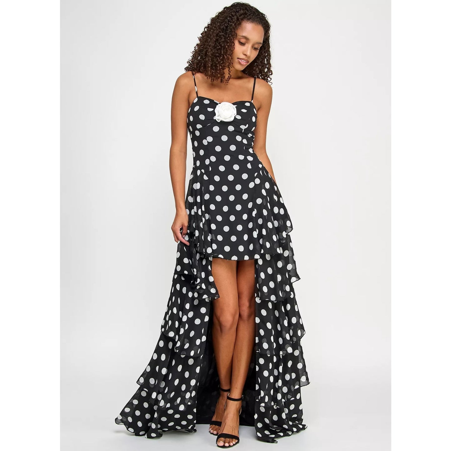 City Studios Juniors' Dot Print Ruffled High-Low Chiffon Gown Size 3/4