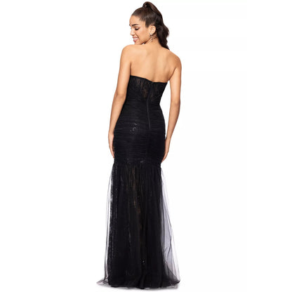 Betsy & Adam Women's Black Sequined Lace Corset Gown Dress Size 8. MSRP: 299$