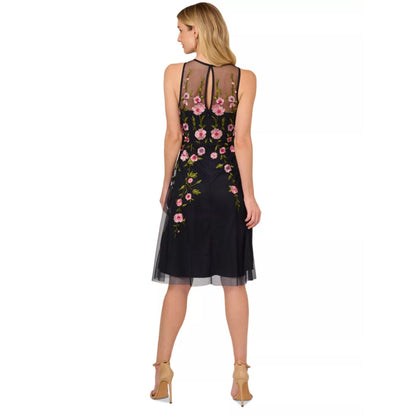 Adrianna Papell Women's Blue Floral Embroidered Beaded Fit & Flare Dress Size 4