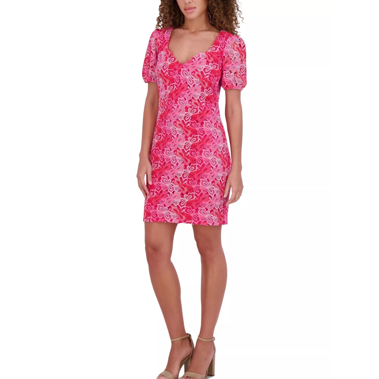 Siena Women's Floral-Lace Short-Sleeve Sweetheart-Neck Dress - Pink Multi-4, NWT