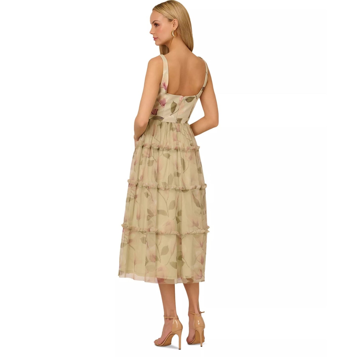 Adrianna Papell Printed Tiered Sleeveless Knit &Mesh MIDI Dress Sz 8, MSRP: 275