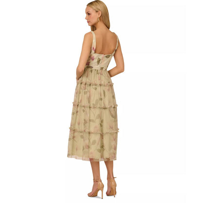 Adrianna Papell Printed Tiered Sleeveless Knit &Mesh MIDI Dress Sz 8, MSRP: 275