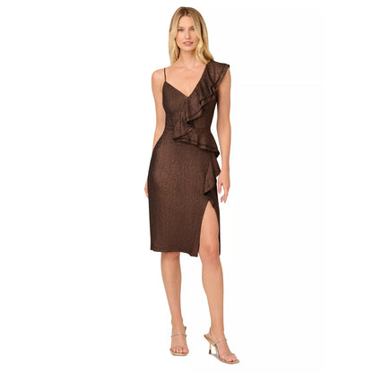 Adrianna Papell Women's Brown Metallic Ruffled V-Neck Dress Size 10, MSRP: 195$