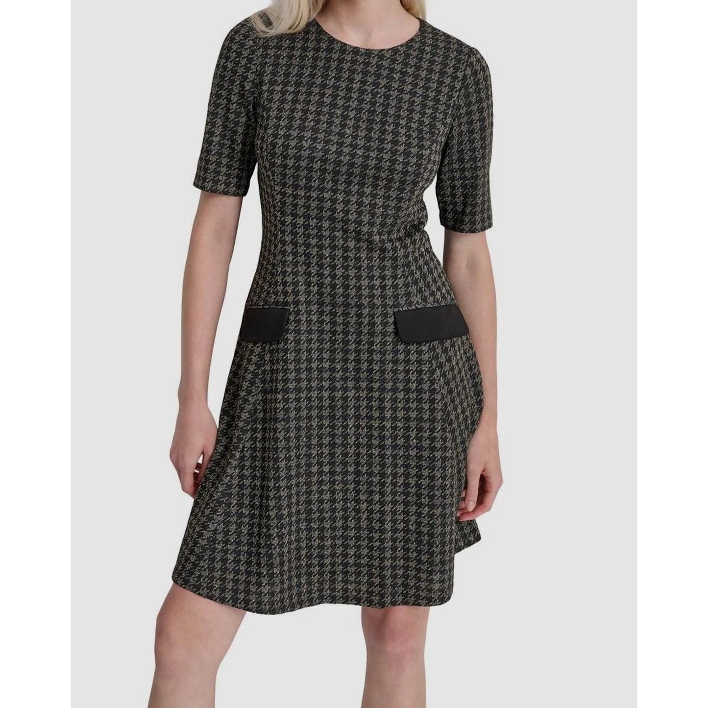 DKNY Women's Black Jewel-Neck Lined Short-Sleeve Fit & Flare Dress Size 14