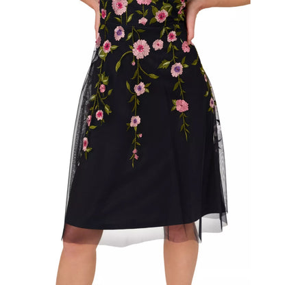 Adrianna Papell Women's Blue Floral Embroidered Beaded Fit & Flare Dress Size 4