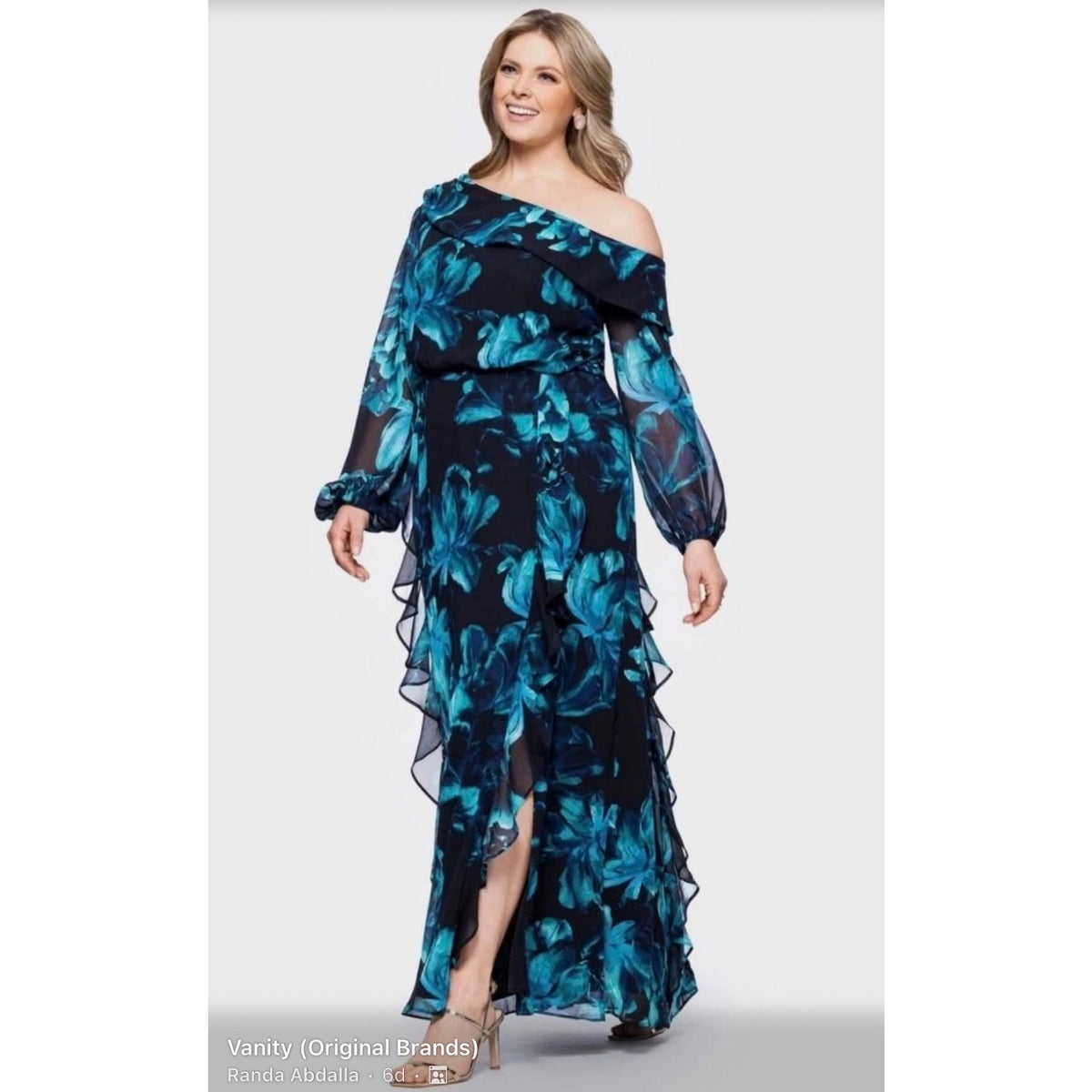 XSCAPE Blue Evening Gown Floral Chiffon Ruffled One Shoulder Maxi Dress Size 16W