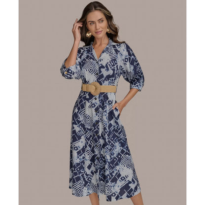 Donna Karan Belted Long Sleeve Linen Blend Maxi Shirtdress In Ink ,Size 10, 199$