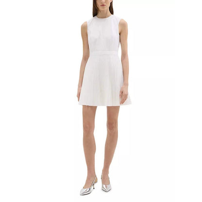 Theory Pleated Mini Dress Women's White Solid Round Neck Back Zip Closure NWT