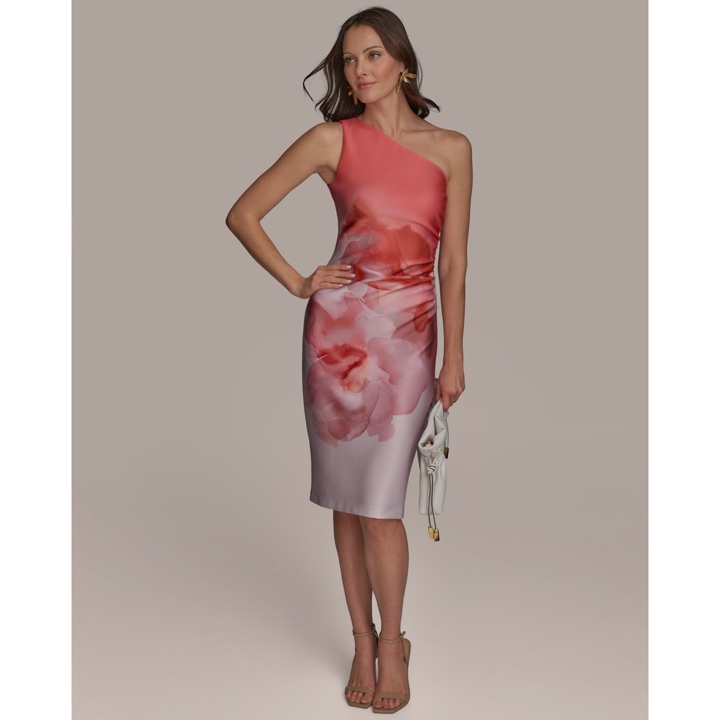 Donna Karan New York Womens One-Shoulder Midi Dress 16 Spring Melon, MSRP:169$