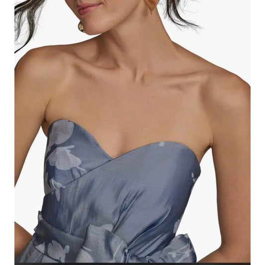 Donna Karan New York Women's Blue Floral Print Ball Strapless Gown Dress Size 6