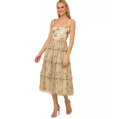 Adrianna Papell Printed Tiered Sleeveless Knit &Mesh MIDI Dress Sz 8, MSRP: 275