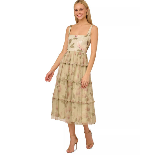 Adrianna Papell Printed Tiered Sleeveless Knit &Mesh MIDI Dress Sz 8, MSRP: 275