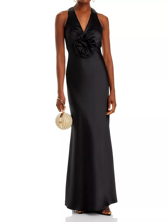 Aqua Women Black Long Satin Flower Trim Maxi Dress Size 0, MSRP: 318$
