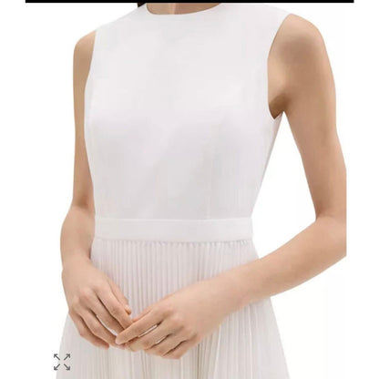 Theory Pleated Mini Dress Women's White Solid Round Neck Back Zip Closure NWT
