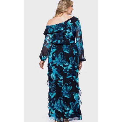 XSCAPE Blue Evening Gown Floral Chiffon Ruffled One Shoulder Maxi Dress Size 16W