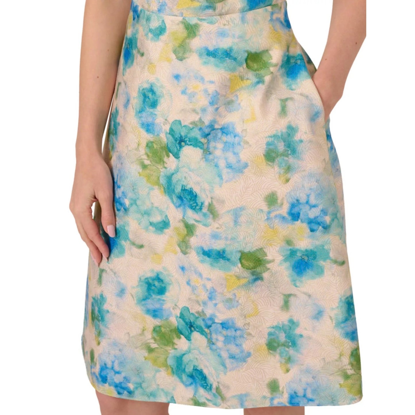 Adrianna Papell Women's Jacquard Asymmetric-Neck Dress - Ivory/Blue, MSRP:199$
