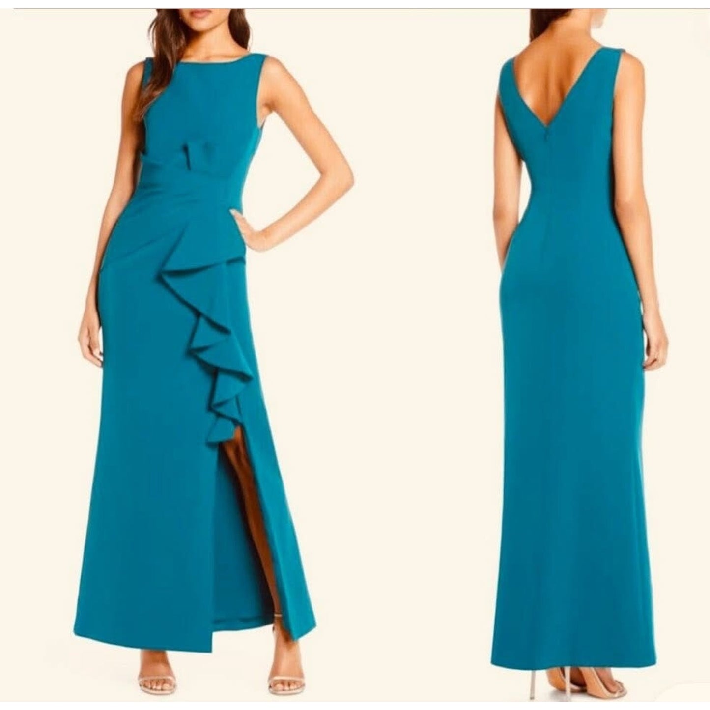 Eliza J Sleeveless Cascading-Ruffle Gown Women's 0 Teal Boat Neck Back Zipped