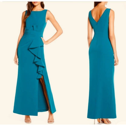 Eliza J Sleeveless Cascading-Ruffle Gown Women's 0 Teal Boat Neck Back Zipped
