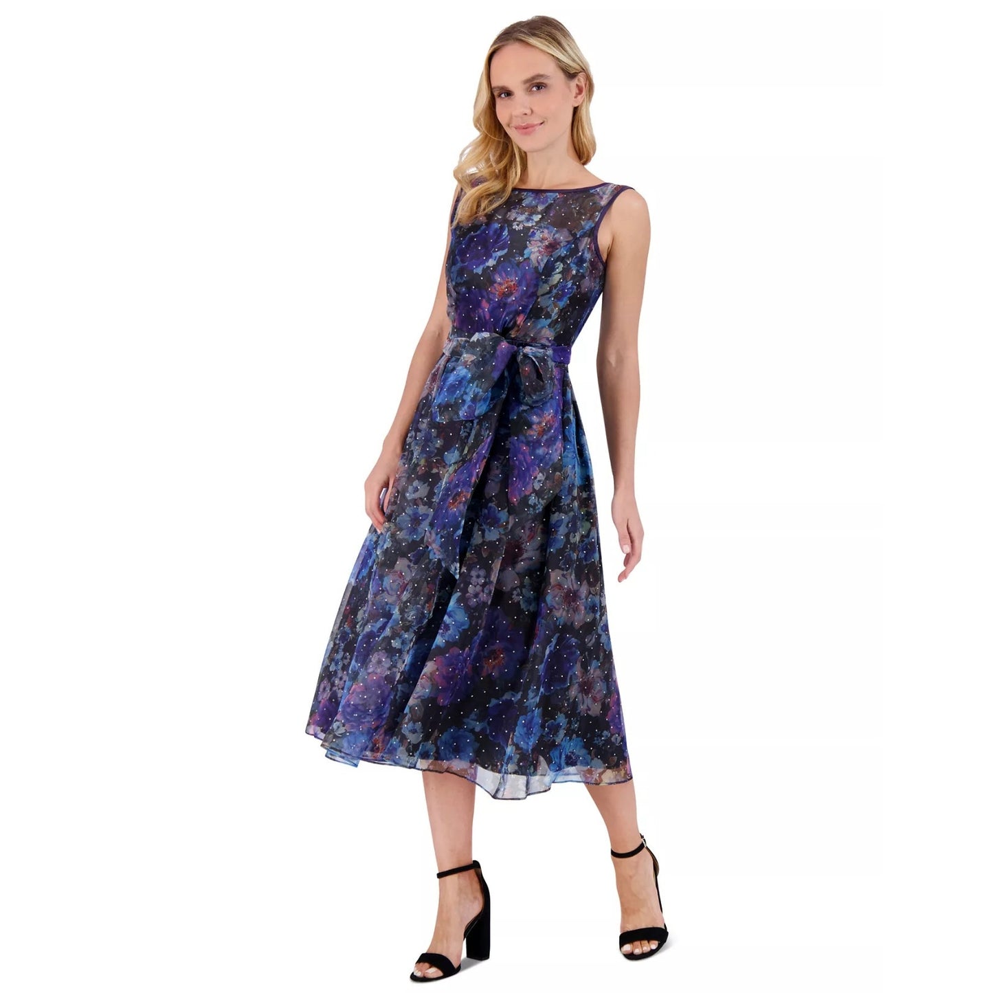 Eliza J Women's Belted Floral-Cocktail Dress - Black/blue, Size 14, MSRP:l 228$