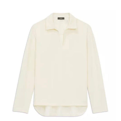 Theory Spread Collar Cotton Blend Popover Top in Cream Size XL, NEW